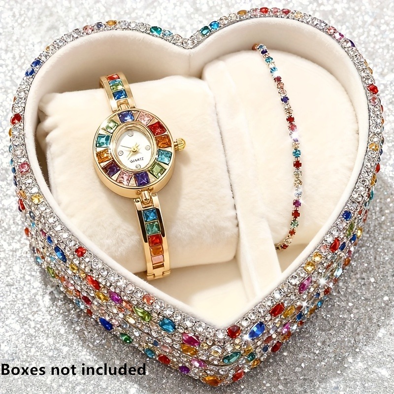 Jewelry Box Watches Bracelets - 2pcs Elegant Colorful Rhinestone Women Quartz