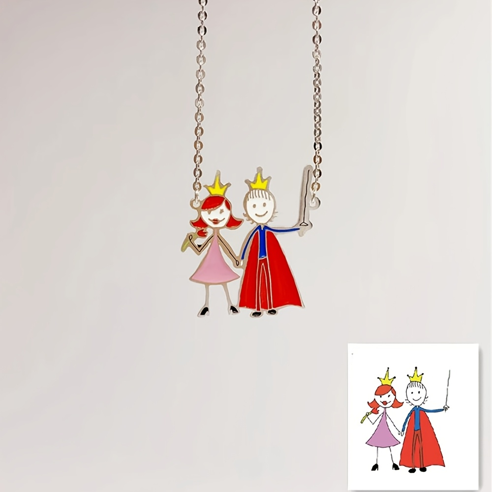 Engraved Name Necklace - Custom Enamel Pendant Necklace Children's Drawing